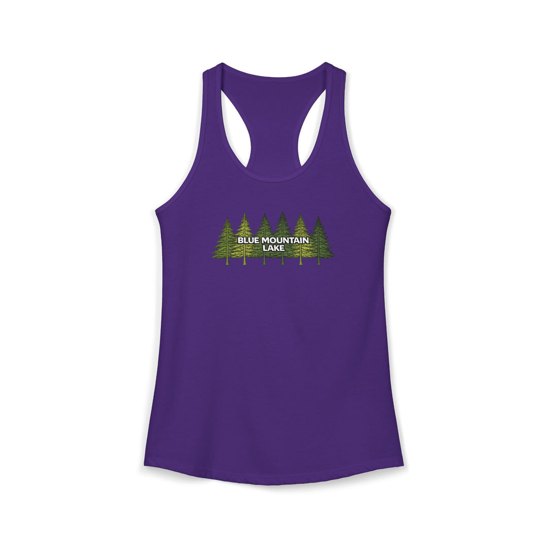 Blue Mountain Lake Pine Trees Ladies Racerback