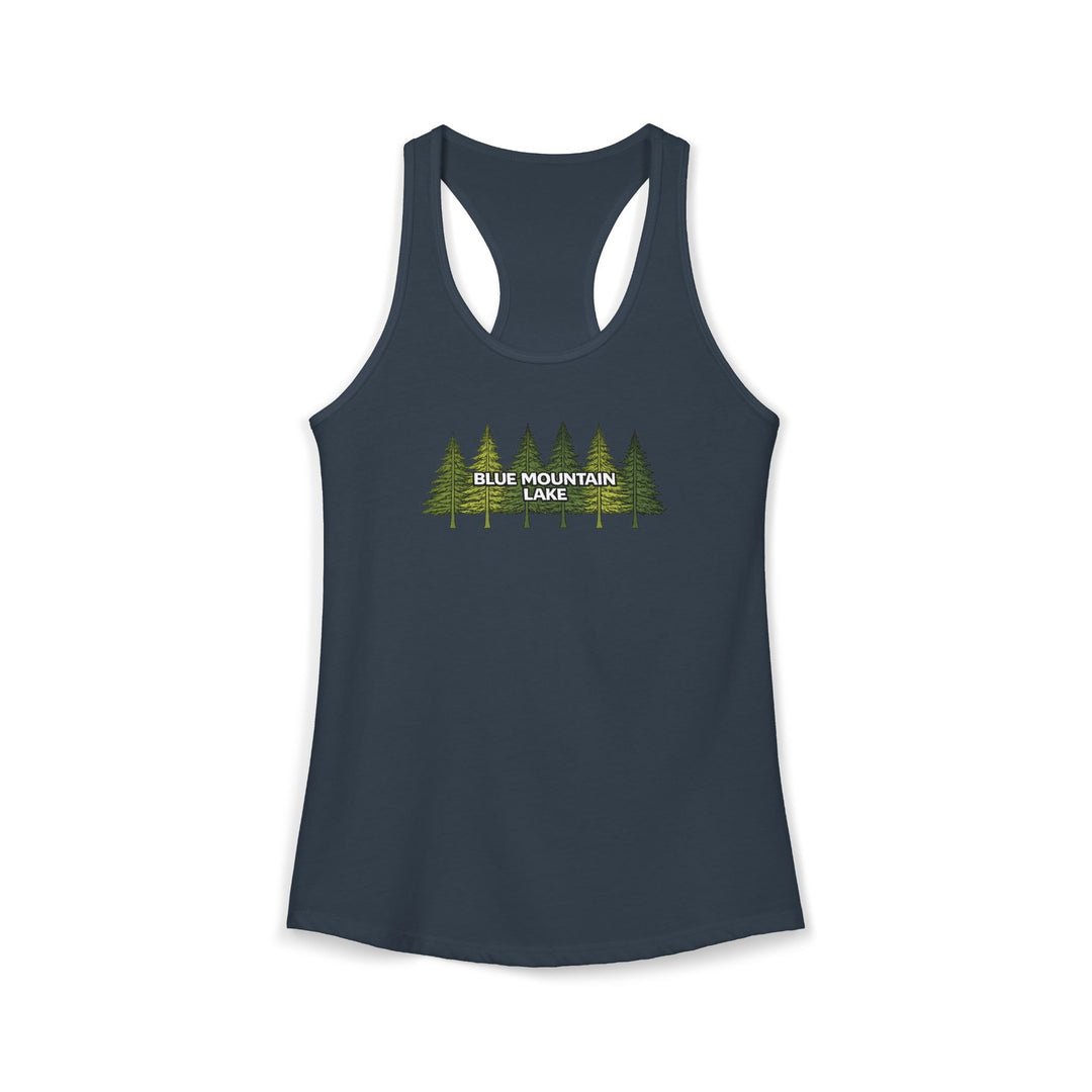 Blue Mountain Lake Pine Trees Ladies Racerback