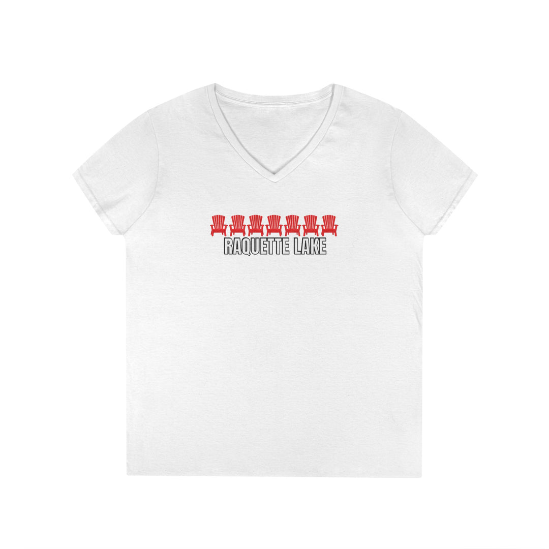 Raquette Lake Ladies V-Neck T-Shirt - Red Chairs