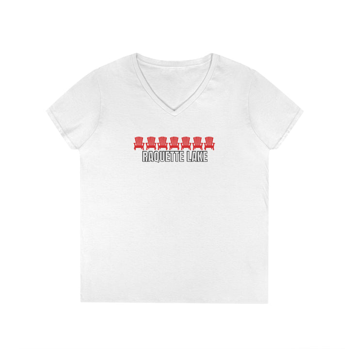 Raquette Lake Ladies V-Neck T-Shirt - Red Chairs