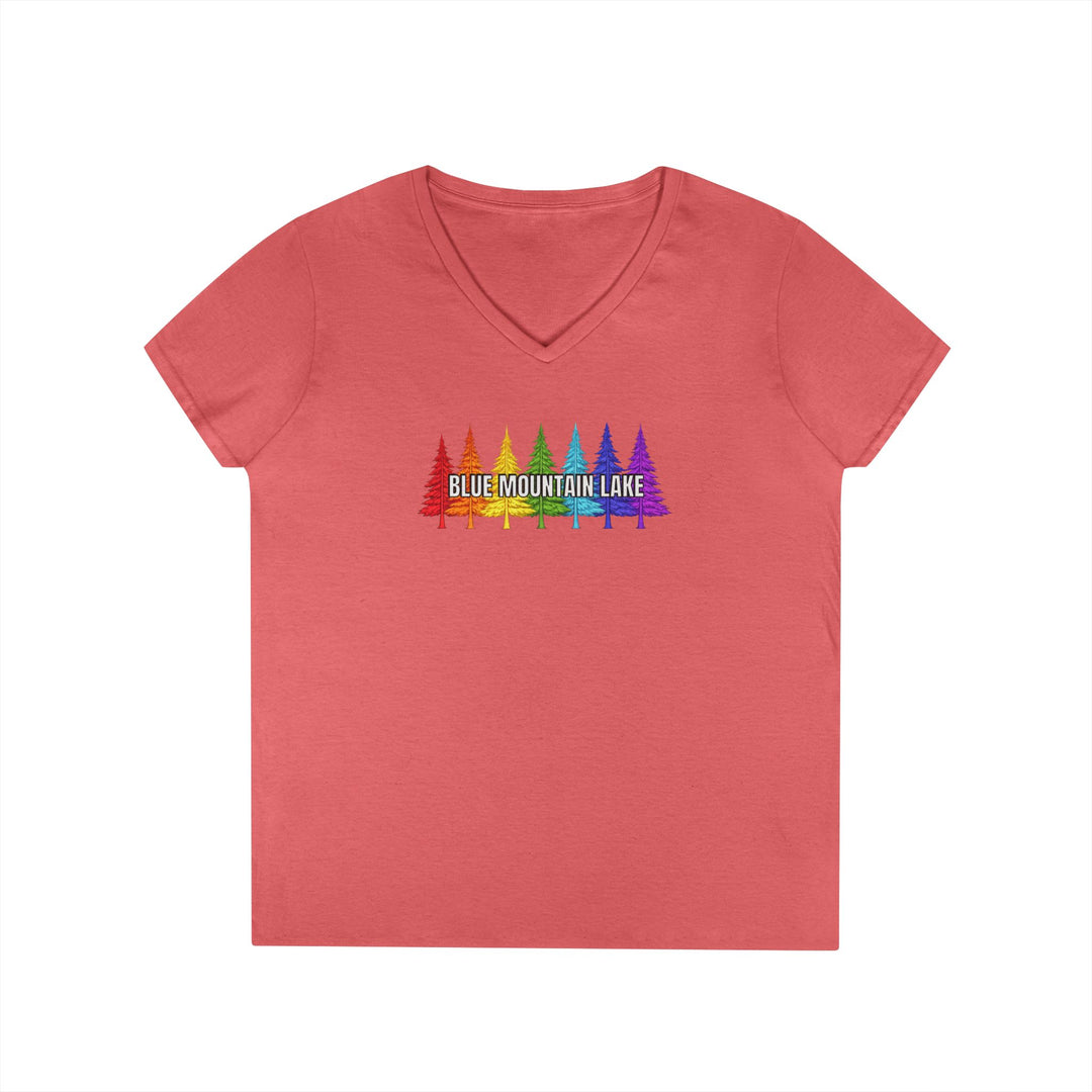 Blue Mountain Lake Rainbow Trees Ladies V-Neck T-Shirt