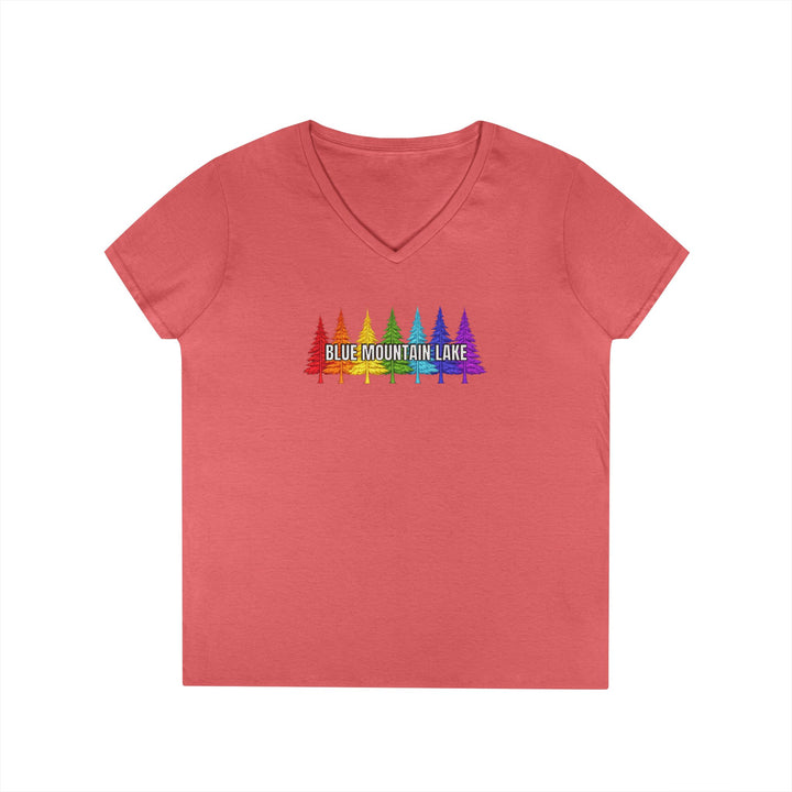 Blue Mountain Lake Rainbow Trees Ladies V-Neck T-Shirt