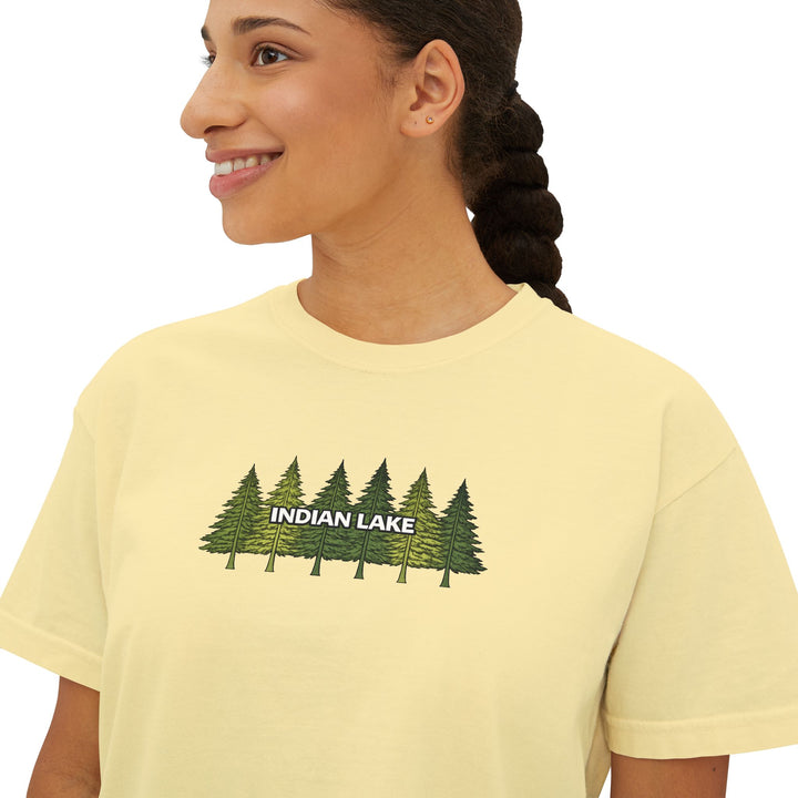 Indian Lake Ladies Boxy Tee - Pine Trees