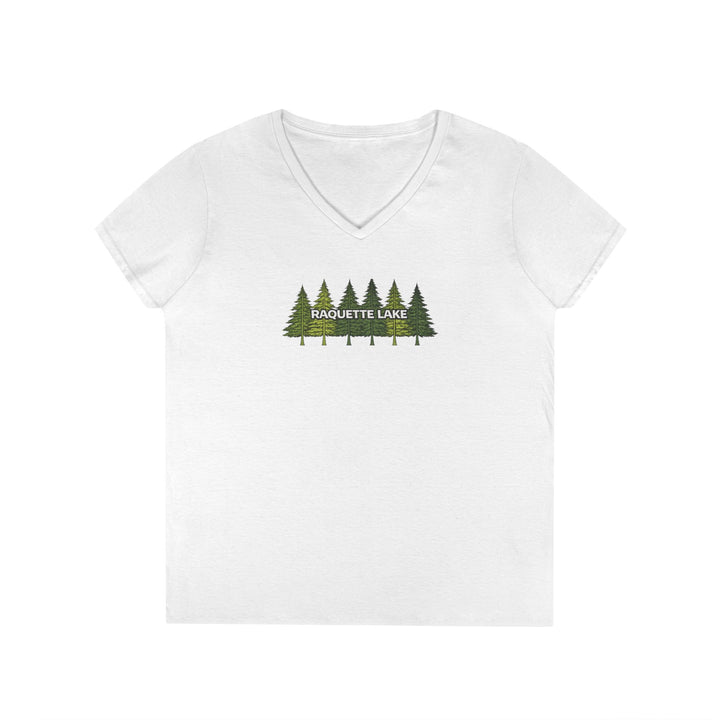 Raquette Lake Ladies V-Neck T-Shirt - Pine Trees
