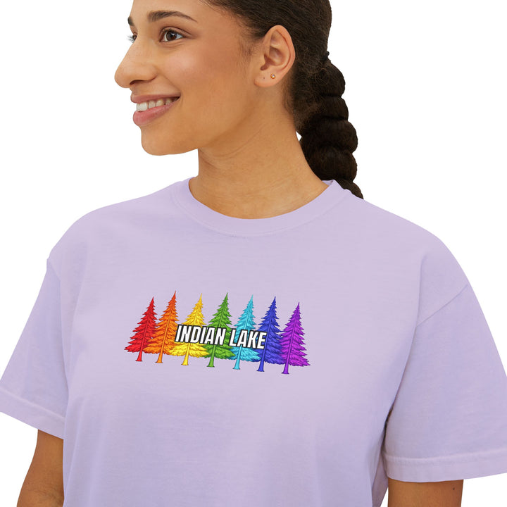 Indian Lake Ladies Boxy Tee - Rainbow Trees