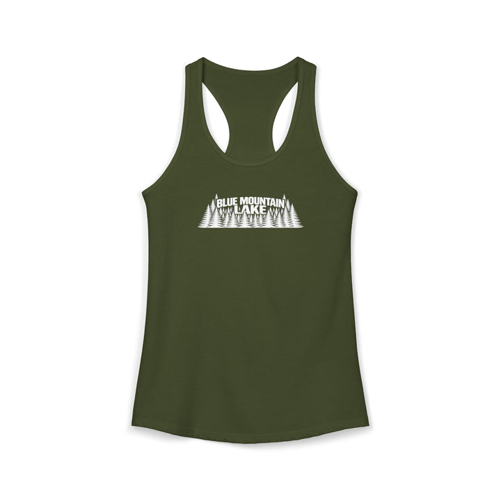 Blue Mountain Lake Trees Ladies Racerback