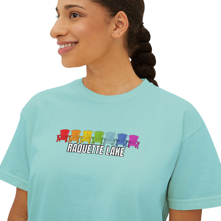 Raquette Lake Ladies Boxy Tee - Rainbow Chairs