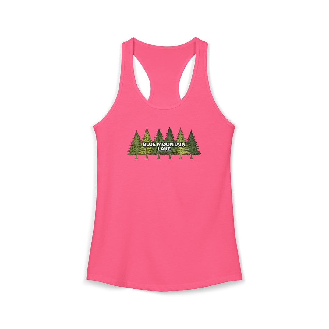 Blue Mountain Lake Pine Trees Ladies Racerback