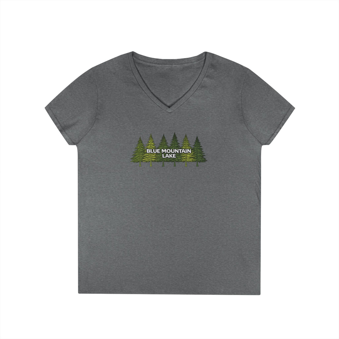 Blue Mountain Lake Pine Trees Ladies V-Neck T-Shirt