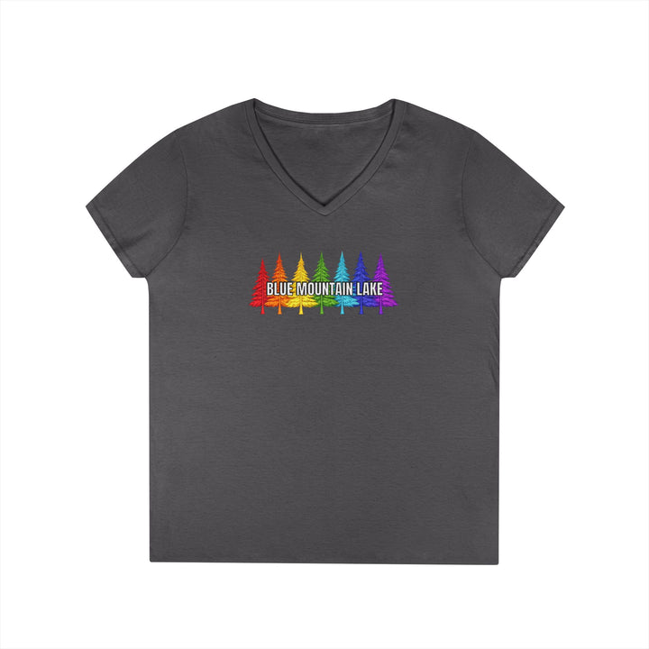 Blue Mountain Lake Rainbow Trees Ladies V-Neck T-Shirt