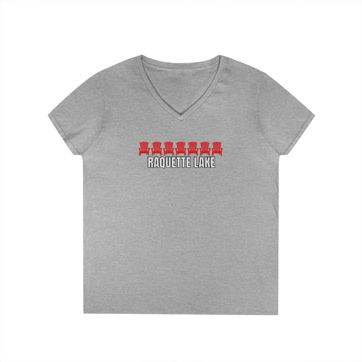 Raquette Lake Ladies V-Neck T-Shirt - Red Chairs