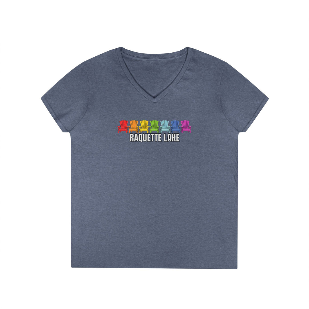 Raquette Lake Ladies V-Neck T-Shirt - Rainbow Chairs