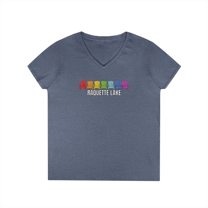 Raquette Lake Ladies V-Neck T-Shirt - Rainbow Chairs