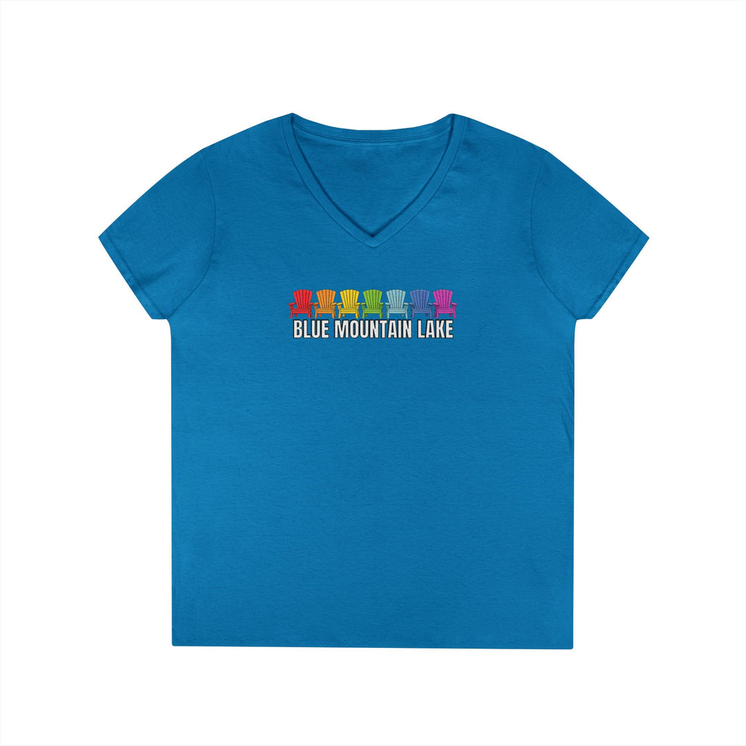 Blue Mountain Lake Rainbow Chairs Ladies V-Neck T-Shirt