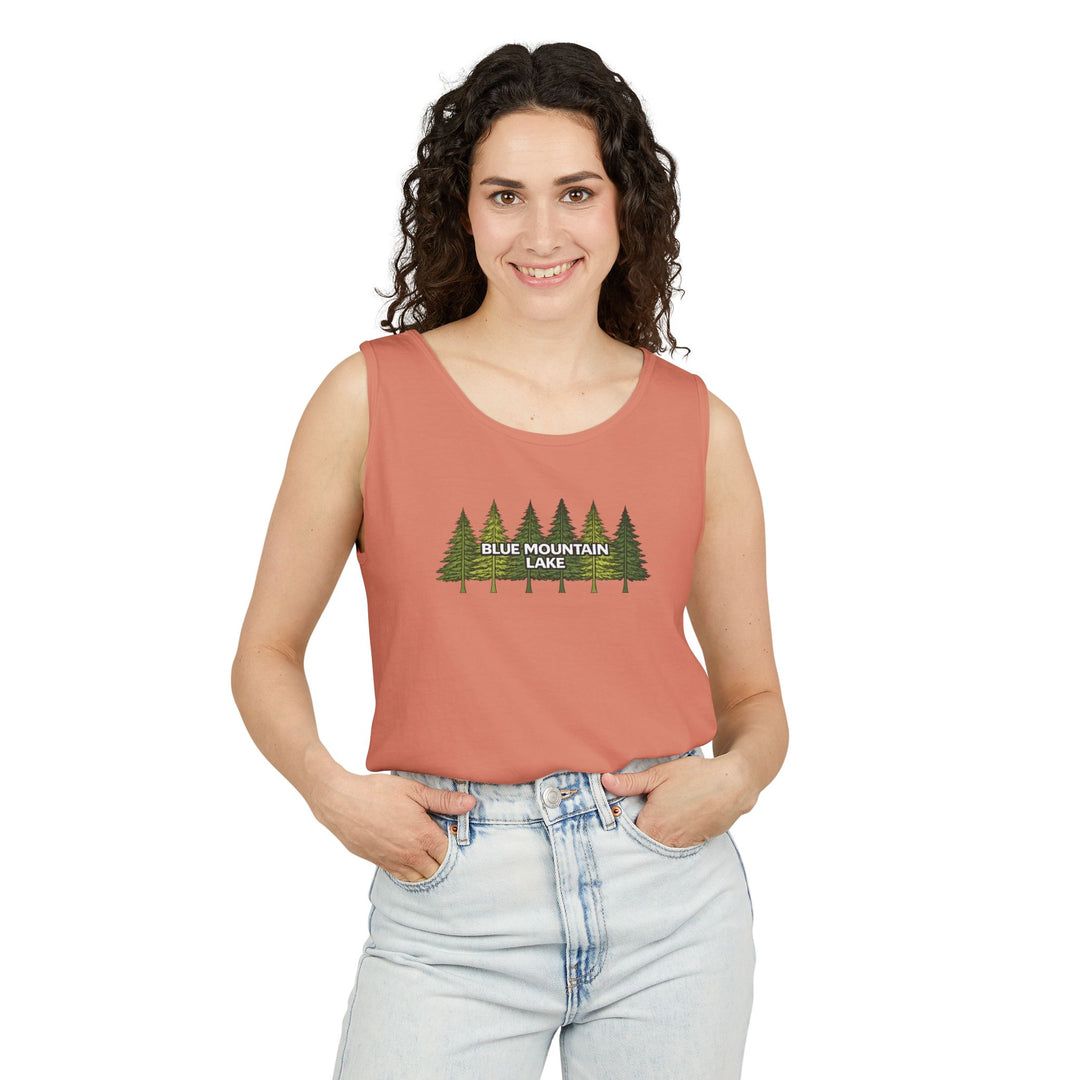 Blue Mountain Lake Pine Trees Unisex Tank