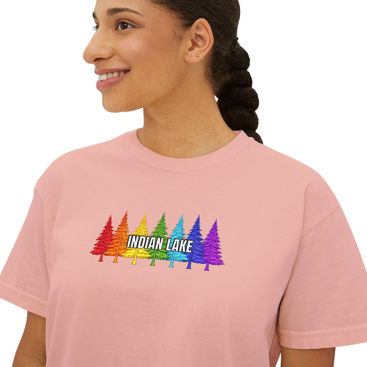 Indian Lake Ladies Boxy Tee - Rainbow Trees