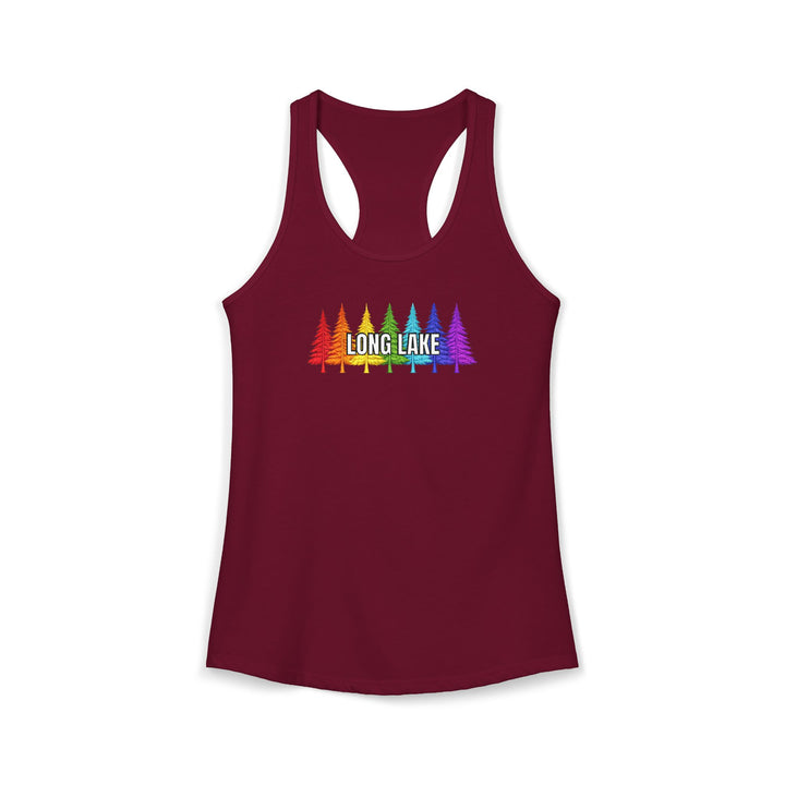 Long Lake Rainbow Trees  Ladies Racerback