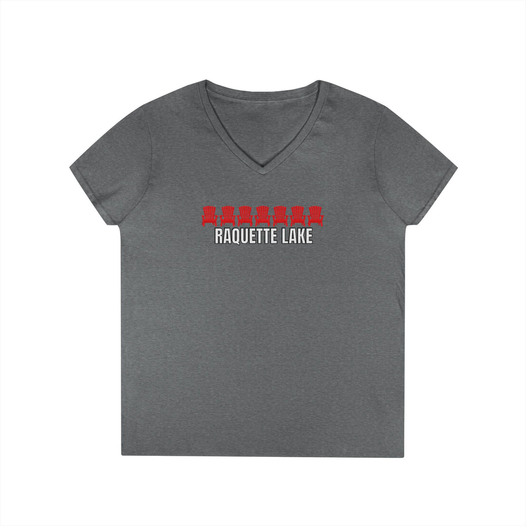 Raquette Lake Ladies V-Neck T-Shirt - Red Chairs