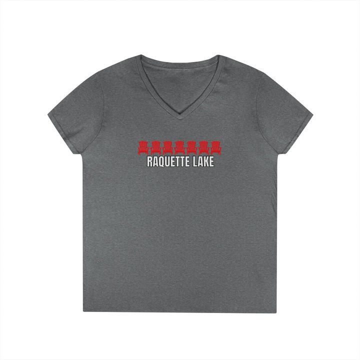Raquette Lake Ladies V-Neck T-Shirt - Red Chairs