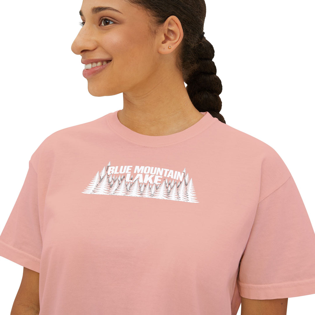 Blue Mountain Lake Trees Ladies Boxy Tee