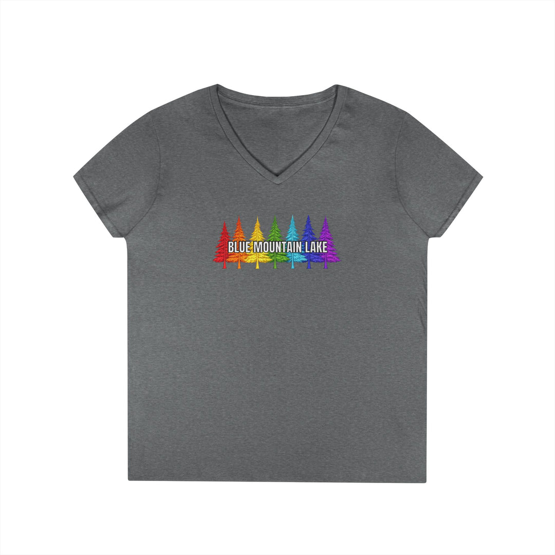 Blue Mountain Lake Rainbow Trees Ladies V-Neck T-Shirt