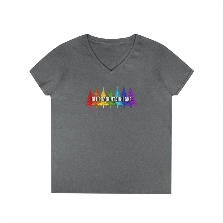 Blue Mountain Lake Rainbow Trees Ladies V-Neck T-Shirt