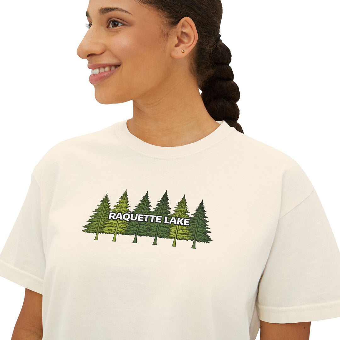 Raquette Lake Ladies Boxy Tee - Pine Trees