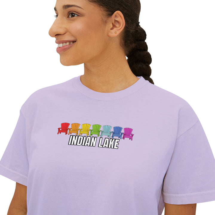 Indian Lake Ladies Boxy Tee - Rainbow Chairs