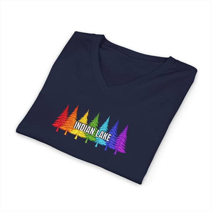Indian Lake Unisex V-Neck T-Shirt - Rainbow Trees