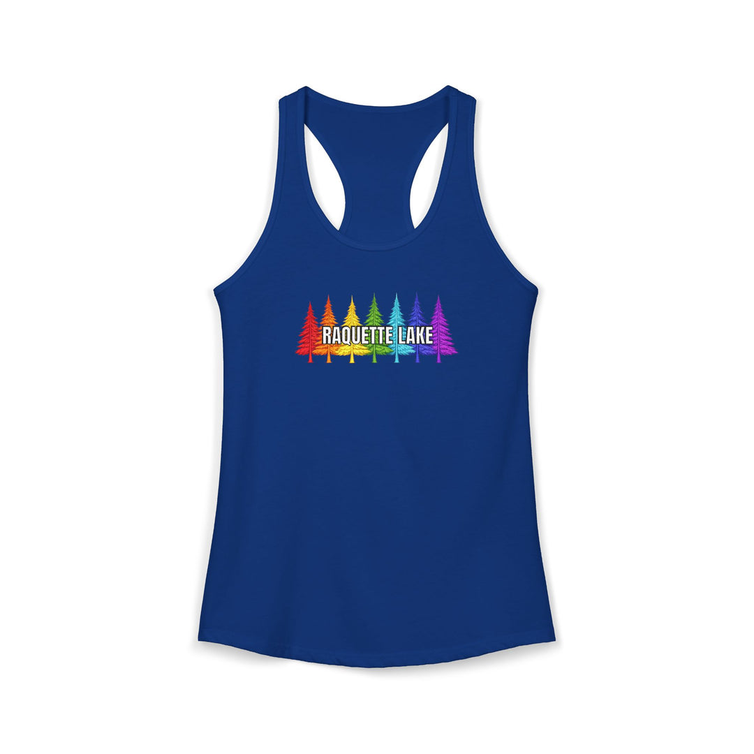 Raquette Lake Ladies Racerback - Rainbow Trees