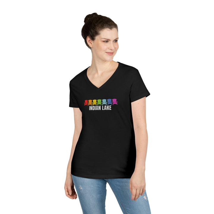 Indian Lake Ladies V-Neck T-Shirt - Rainbow Chairs