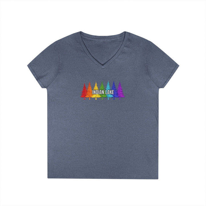 Indian Lake Ladies V-Neck T-Shirt - Rainbow Trees