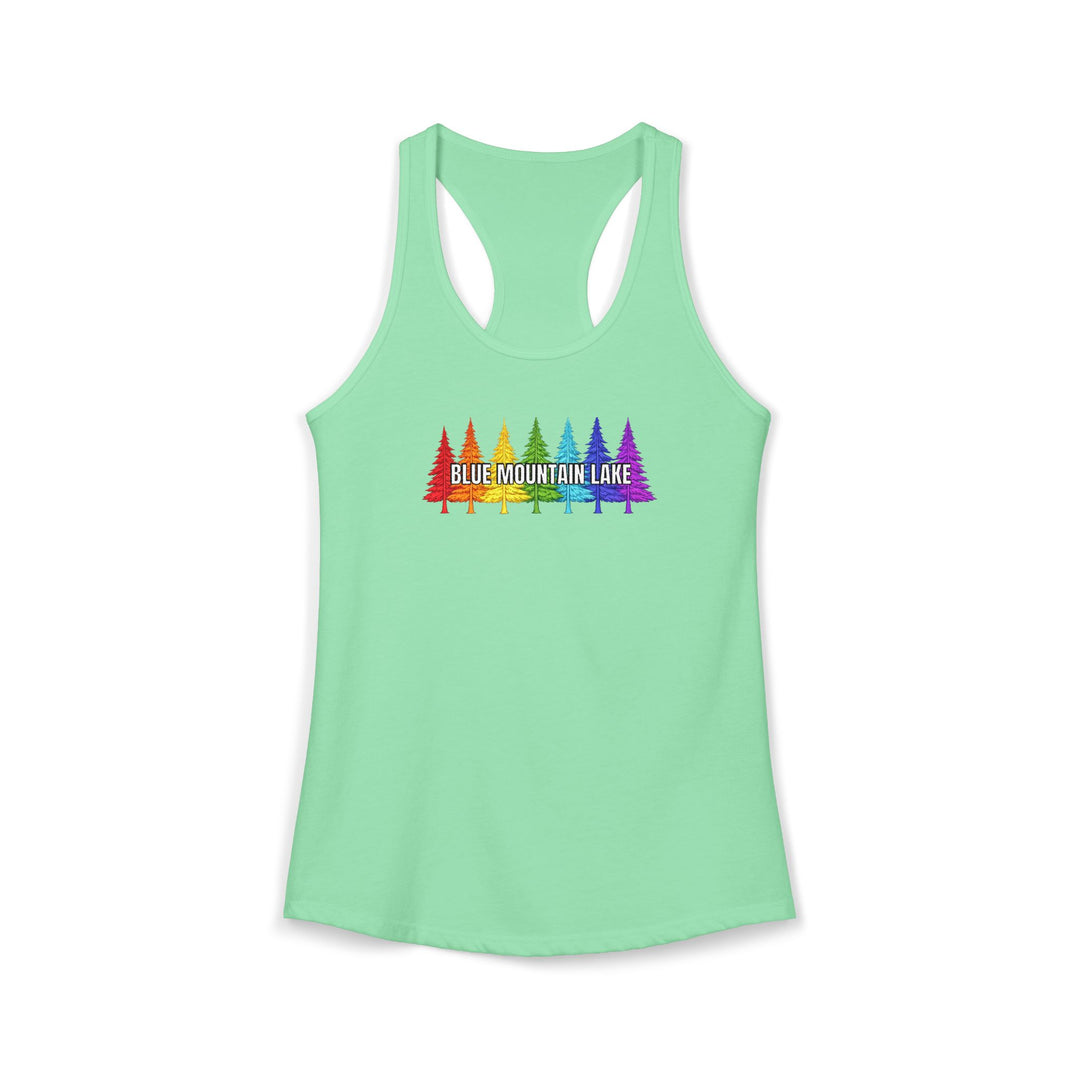 Blue Mountain Lake Rainbow Trees Ladies Racerback