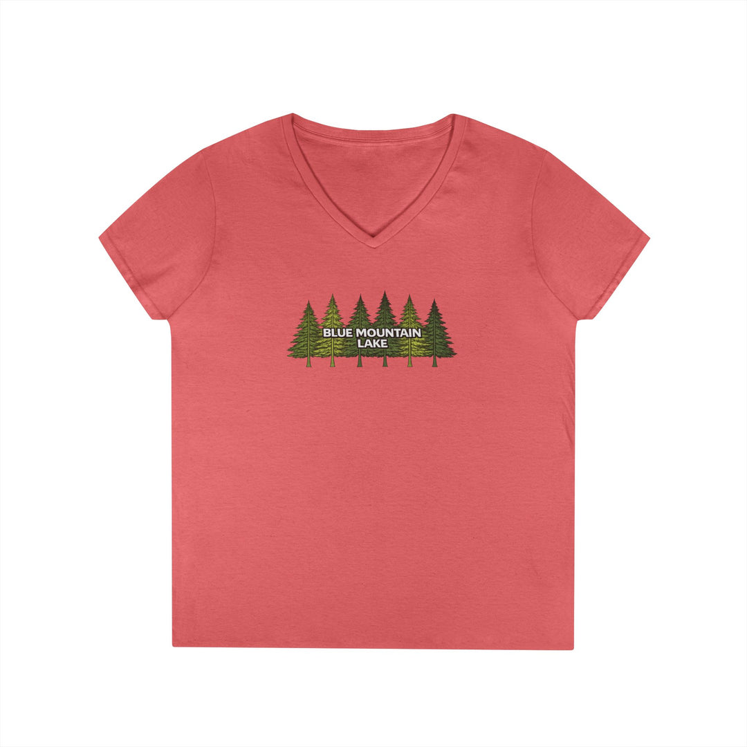 Blue Mountain Lake Pine Trees Ladies V-Neck T-Shirt