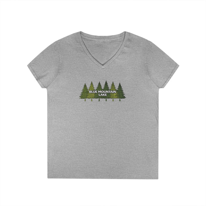 Blue Mountain Lake Pine Trees Ladies V-Neck T-Shirt