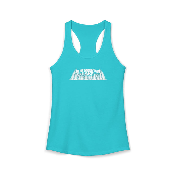 Blue Mountain Lake Trees Ladies Racerback