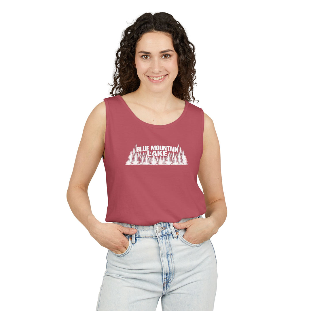 Blue Mountain Lake Trees Unisex Tank