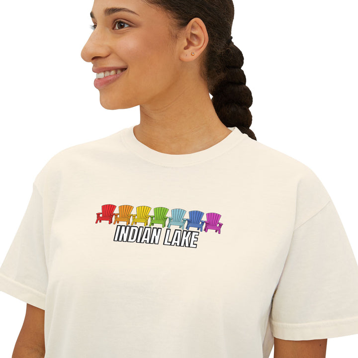 Indian Lake Ladies Boxy Tee - Rainbow Chairs