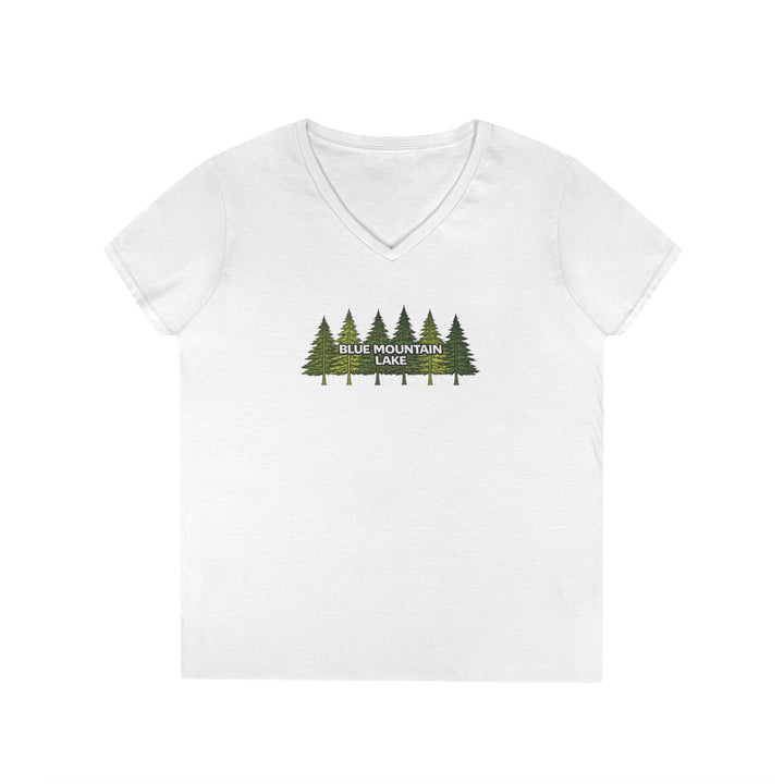 Blue Mountain Lake Pine Trees Ladies V-Neck T-Shirt