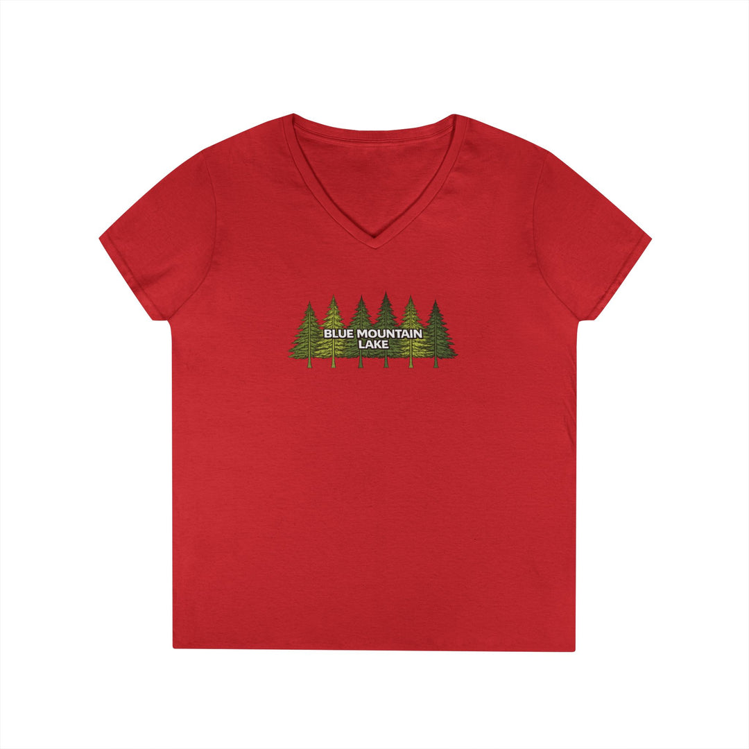 Blue Mountain Lake Pine Trees Ladies V-Neck T-Shirt