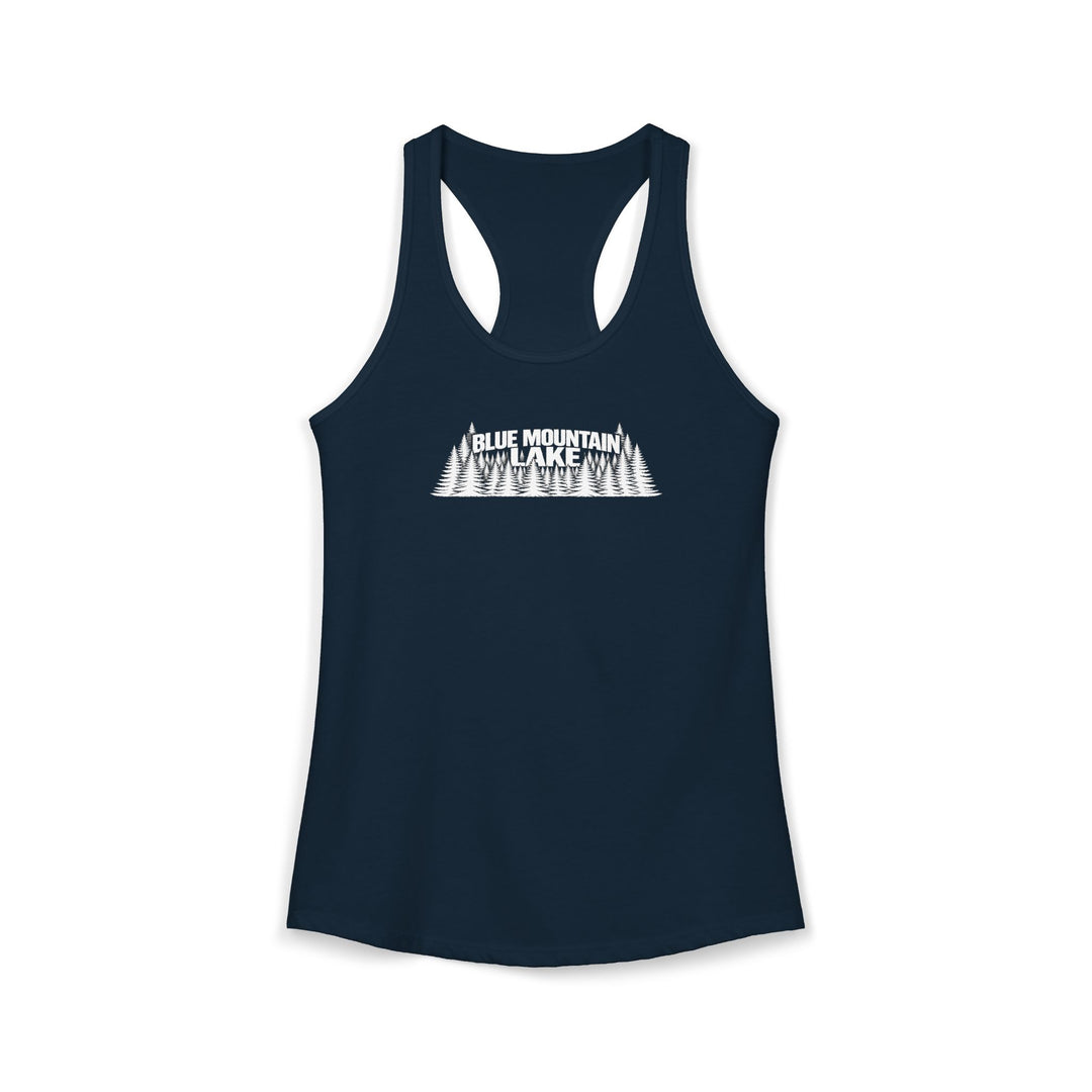 Blue Mountain Lake Trees Ladies Racerback