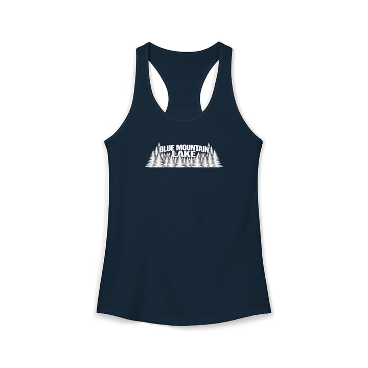 Blue Mountain Lake Trees Ladies Racerback