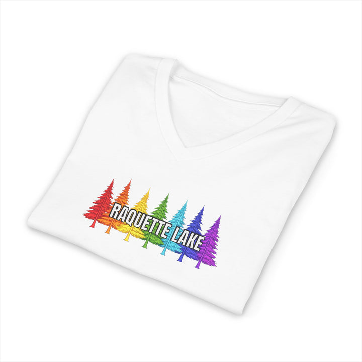 Raquette Lake Unisex V-Neck T-Shirt - Rainbow Trees