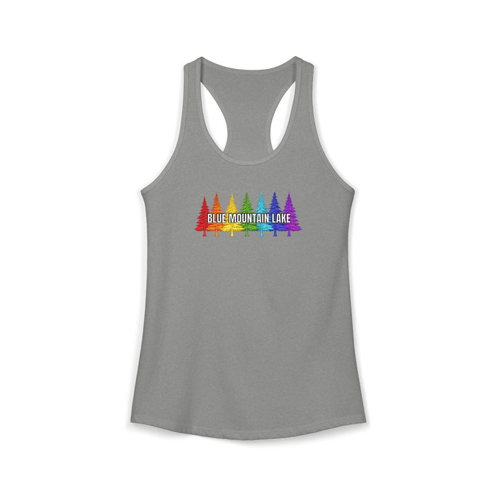 Blue Mountain Lake Rainbow Trees Ladies Racerback