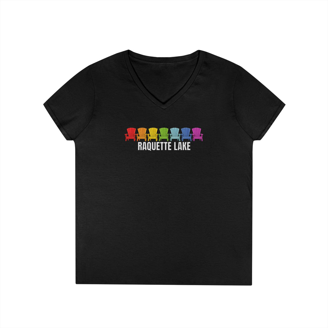 Raquette Lake Ladies V-Neck T-Shirt - Rainbow Chairs