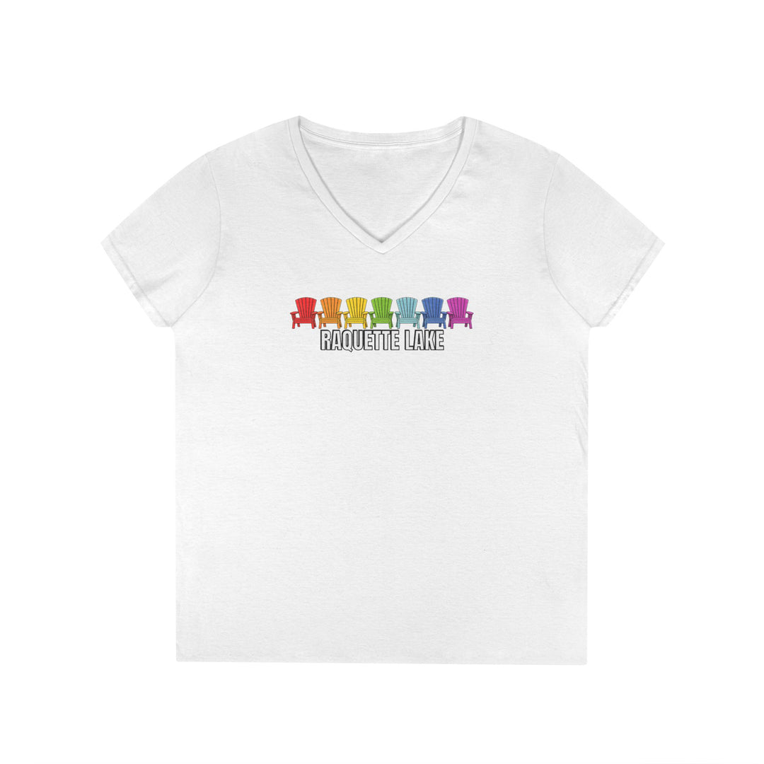 Raquette Lake Ladies V-Neck T-Shirt - Rainbow Chairs