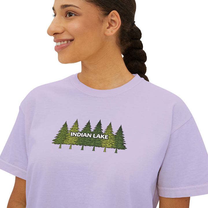 Indian Lake Ladies Boxy Tee - Pine Trees