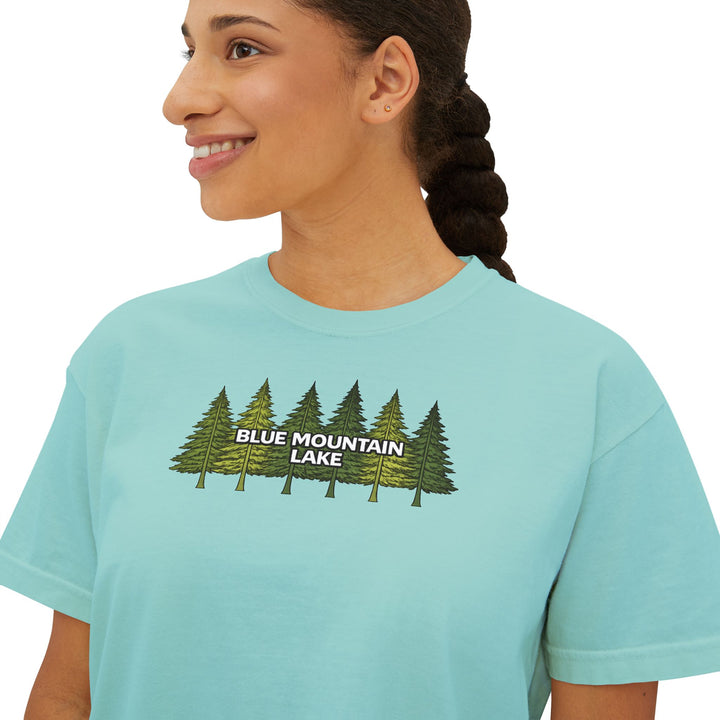 Blue Mountain Lake Pine Trees Ladies Boxy Tee