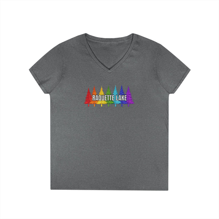 Raquette Lake Ladies V-Neck T-Shirt - Rainbow Trees
