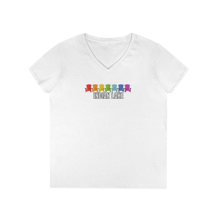 Indian Lake Ladies V-Neck T-Shirt - Rainbow Chairs